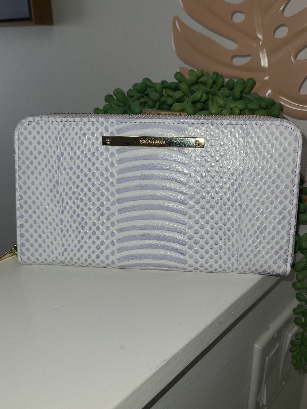 Brahmin Lilac And White Embossed Zip-Around Wallet with Gold Plate NWOT